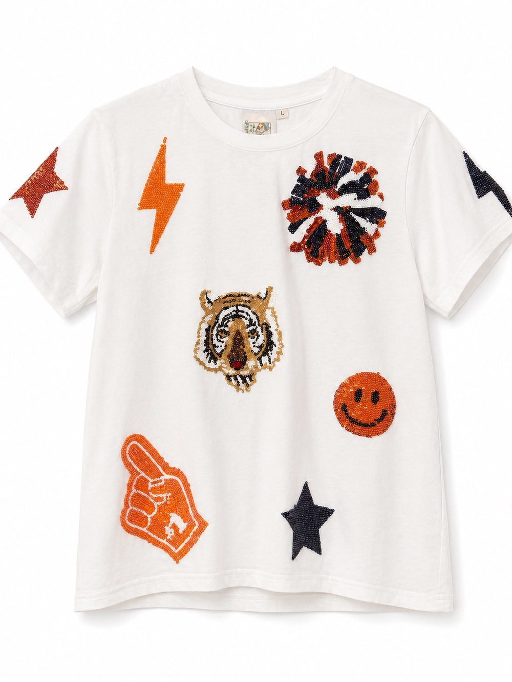 QUEEN OF SPARKLES White Tee with Orange & Black Sequin Patches